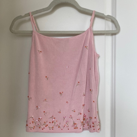 Vintage Y2K Coquette Pink Silk Knit Sequin Embroidered Tank Top Cami Ann Taylor - Picture 6 of 13
